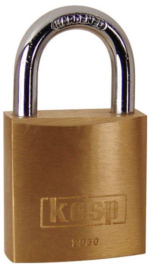 A brass padlock with a silver shackle, marked 'hardened' on top and 'kasp' with the number '12030' on the body.