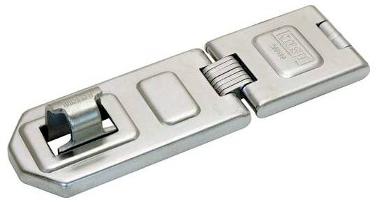 Metal hasp with hinge designed for securing doors or gates, displaying a built-in lock mechanism for added security.