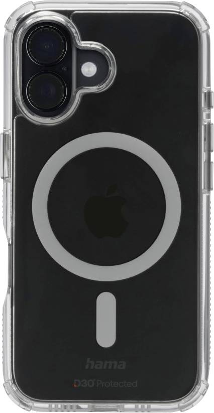 A black smartphone case with a clear edge features a large circular design in the center. The Apple logo is visible beneath the circle.