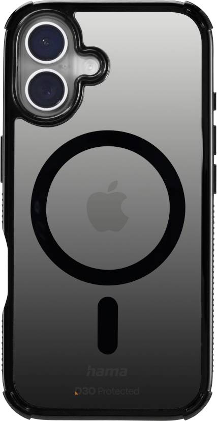 A smartphone case with dual camera cutouts, featuring a prominent circular design on the back and the Apple logo in the center.