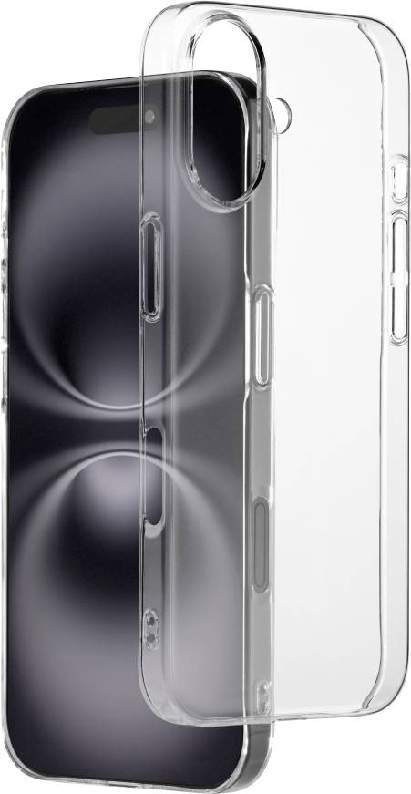 A smartphone with a transparent case displayed in front, showcasing its design and contours.