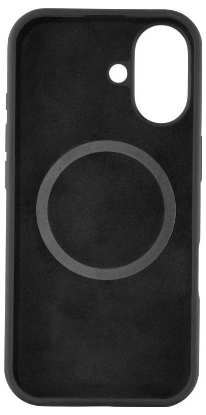 A black phone case with a circular magnetic ring in the center, designed to fit a dual-camera smartphone model.