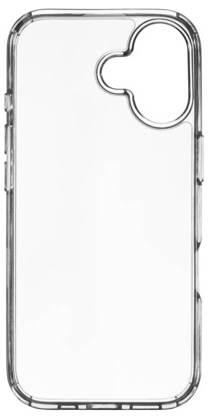 A clear plastic phone case with cutouts for dual cameras and buttons, designed to protect and showcase the phone's original design.