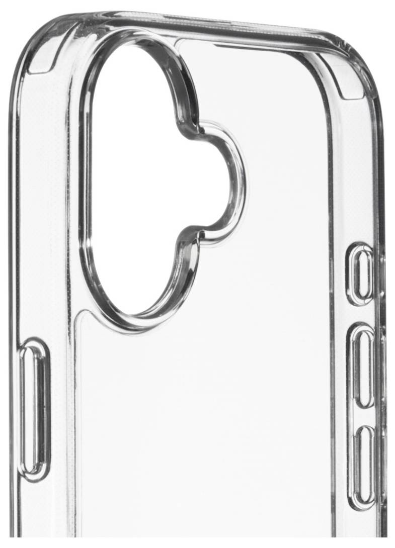 A transparent phone case with cutouts for buttons and camera lenses, designed to fit a smartphone.