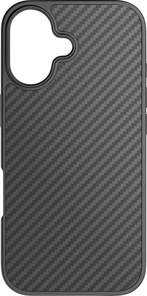 Black carbon fiber phone case with a textured pattern and a cutout for the camera.