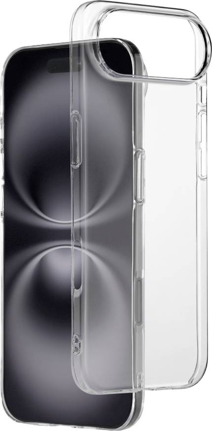 Transparent phone case shown next to a smartphone with a metallic design. The case highlights the phone's sleek appearance.