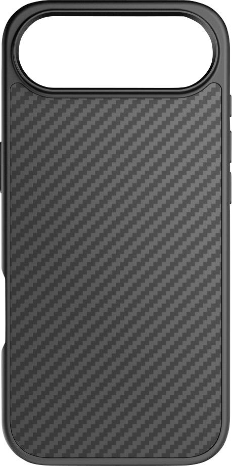 A black, textured phone case with a carbon fiber pattern, featuring an opening for the camera and buttons on the side.