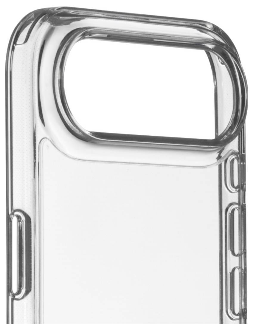 A clear, rectangular smartphone case with raised edges for camera protection. The design features smooth, rounded corners.
