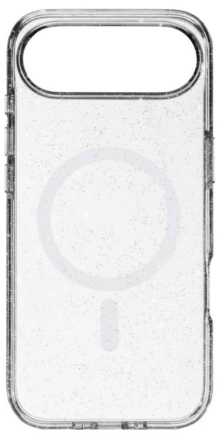 Clear phone case with MagSafe compatibility, featuring a speckled design and a visible magnetic ring in the center for secure attachment.