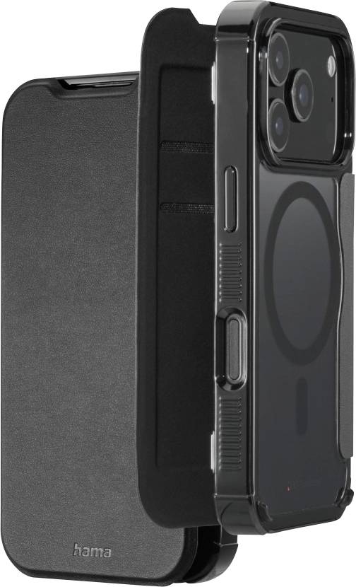 A black smartphone flip cover with a transparent interior case, protecting a visible phone with triple camera lenses on the back.