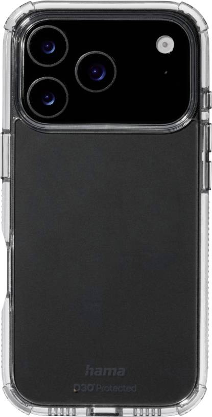 A clear phone case with three camera lenses and a flash on a black smartphone back, featuring the brand name 'hama'.