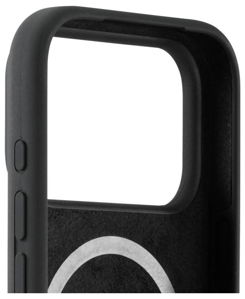 Black phone case with side buttons and a cutout for the camera. A circular design is visible inside the case.