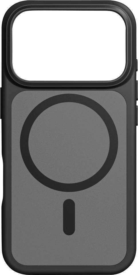 A black and gray phone case with a circular design on the back, suitable for wireless charging compatibility.