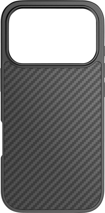 A sleek, black carbon fiber phone case with an open top section for the camera area, designed for protection and modern aesthetics.