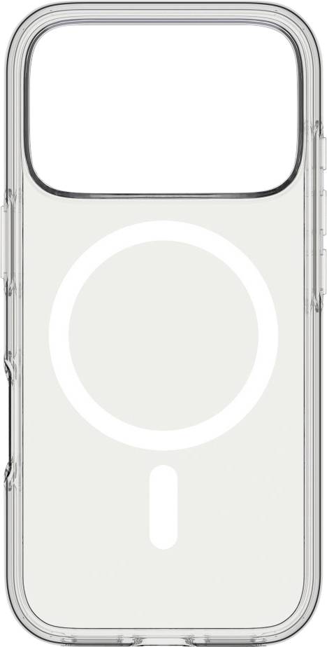 Transparent phone case with a circular design on the back, positioned upright with a large opening for the camera at the top.