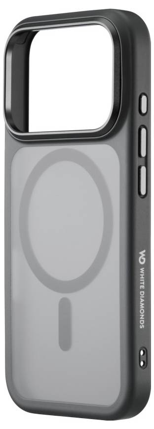 A black, rectangular phone case with button cutouts and a large camera opening, featuring a circular MagSafe design on the back.