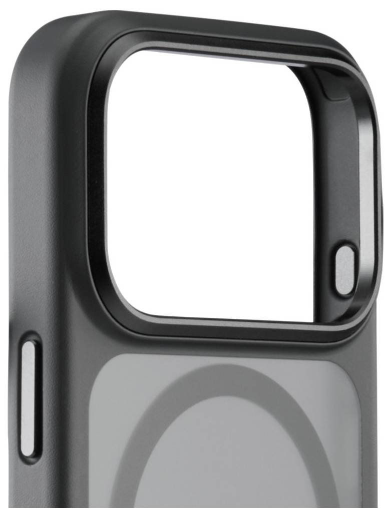 A black, rectangular phone case with cutouts for the camera and buttons, featuring a smooth surface and rounded edges.