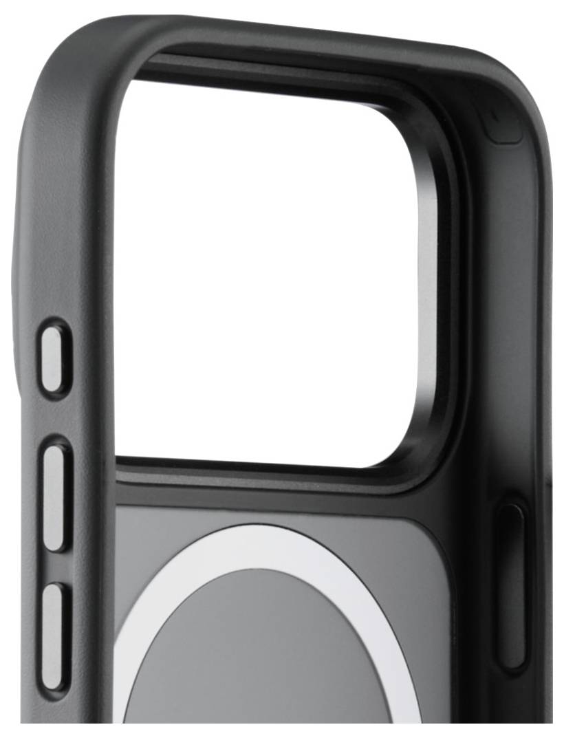 A close-up of a black smartphone case featuring button cutouts and a circular magnetic attachment area on the back.