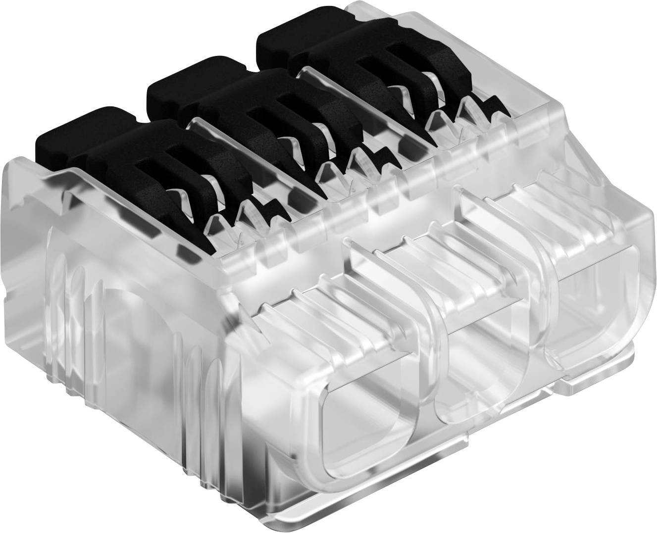 A transparent plastic wire connector with four black clamping sections, used to join electrical wires securely.