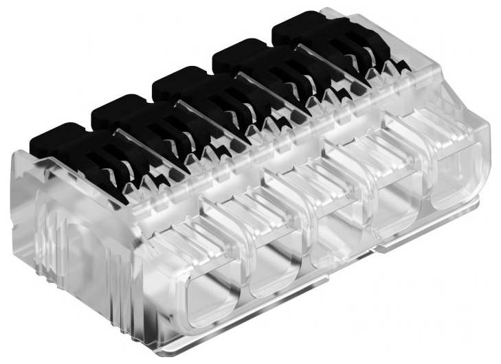A transparent electrical connector block with eight slots featuring black lever clamps for securing wires.