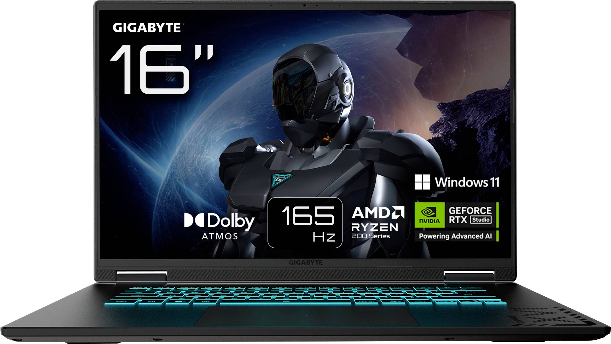 A GIGABYTE 16-inch gaming laptop displaying futuristic graphics on the screen. Features: Dolby Atmos, 165 Hz, AMD Ryzen, NVIDIA GeForce RTX, Windows 11.