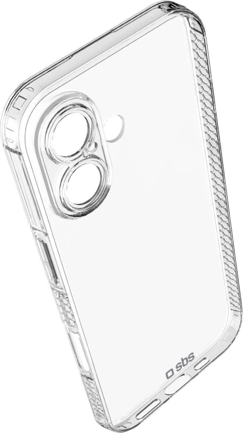 Clear phone case with reinforced edges and cutouts for buttons and camera lenses. Branded 'sbs' at the bottom.