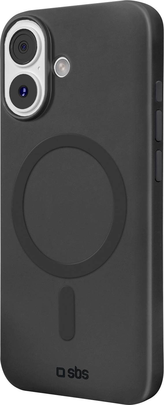Black phone case with MagSafe compatibility and cutouts for camera and buttons, angled to show the back design with a circular outline.