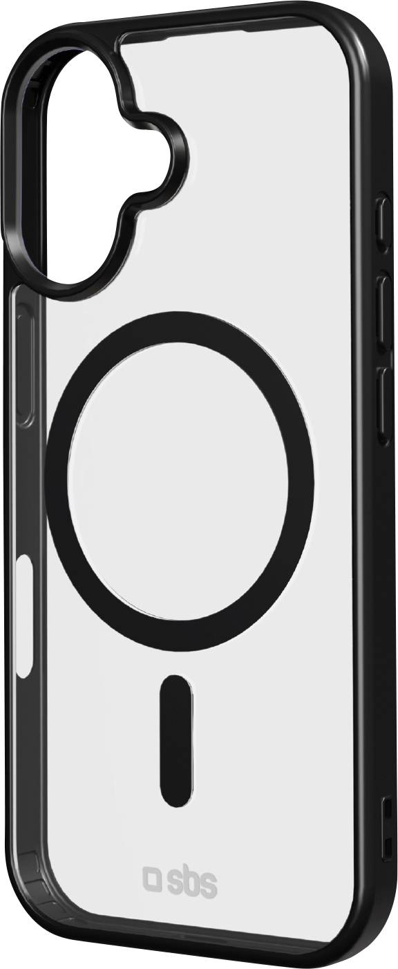 A transparent phone case with a black border and circular design, suitable for a smartphone model with specific camera alignment.