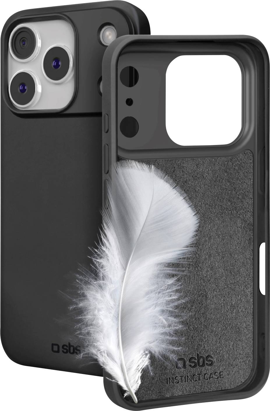 A smartphone case with a minimalist black design prominently features a white feather on its back, highlighting a sleek and elegant look.