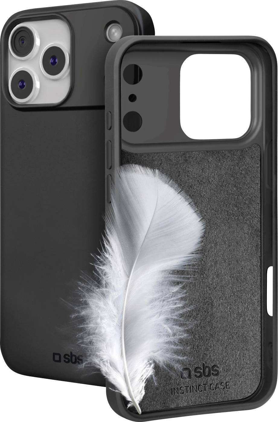 Phone case advertisement showing a black smartphone case with a soft texture, featuring a white feather to indicate lightness.