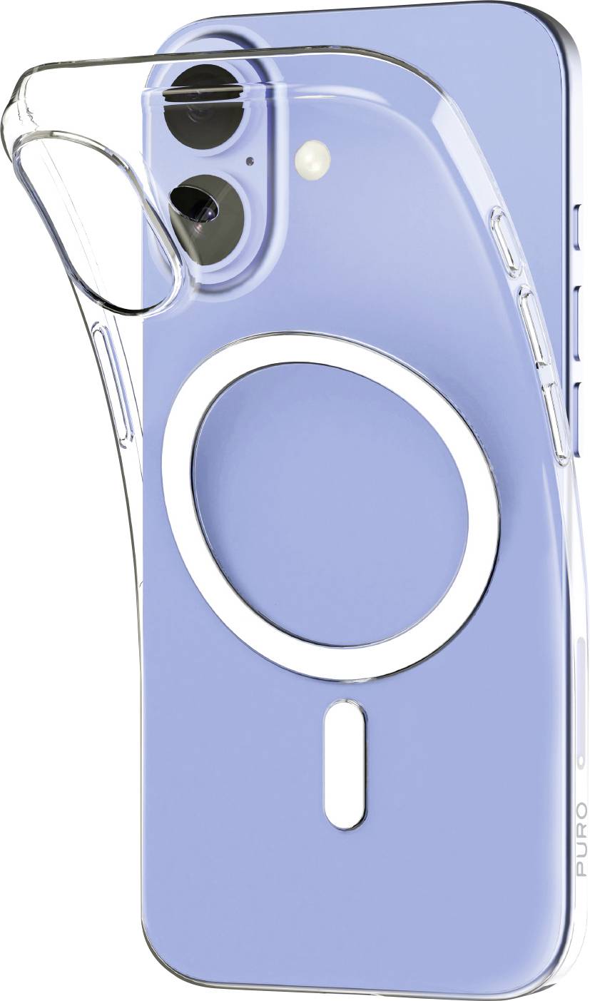 A clear phone case displayed over a blue smartphone shows the MagSafe ring on the back, emphasizing its compatibility feature.