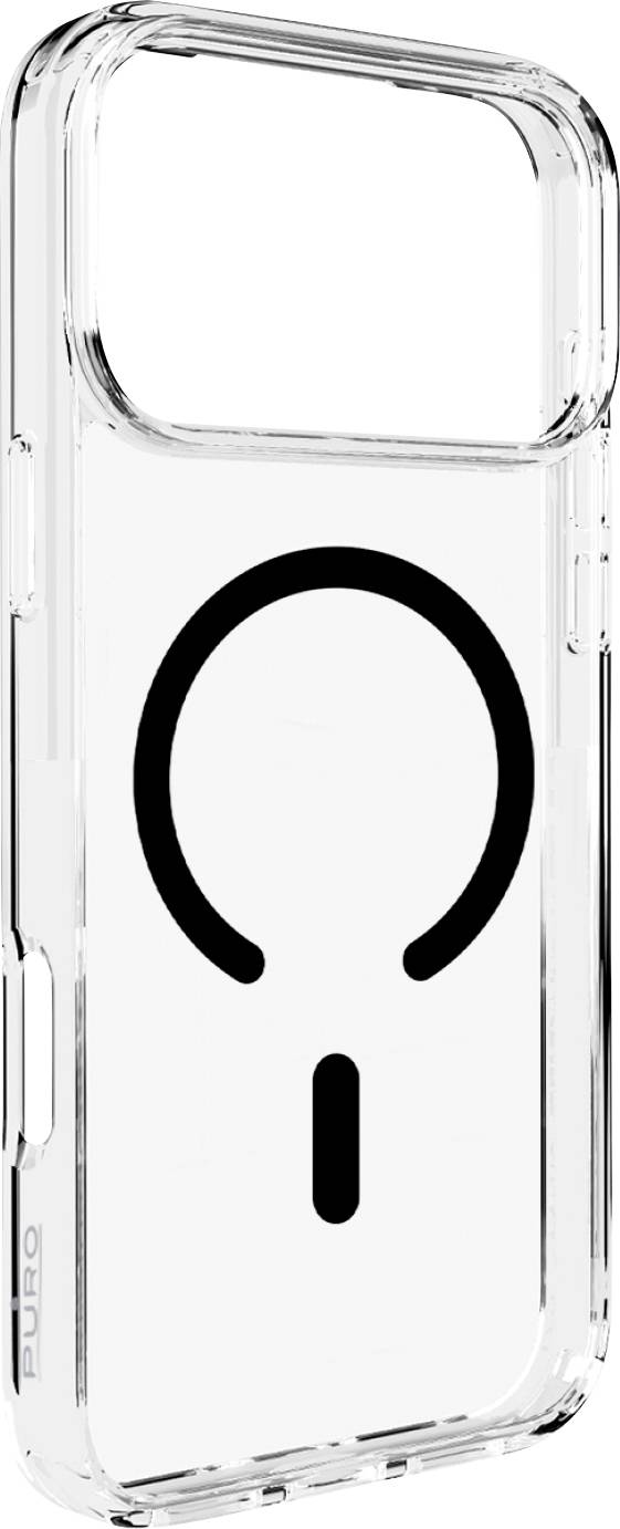 Clear smartphone case with a large black circle design and a vertical line at the bottom, showing a MagSafe compatible feature.