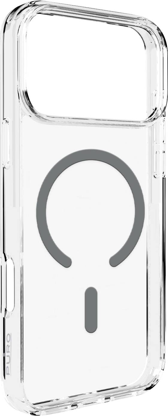 Clear smartphone case with a MagSafe symbol, designed for wireless charging compatibility, featuring a transparent finish.