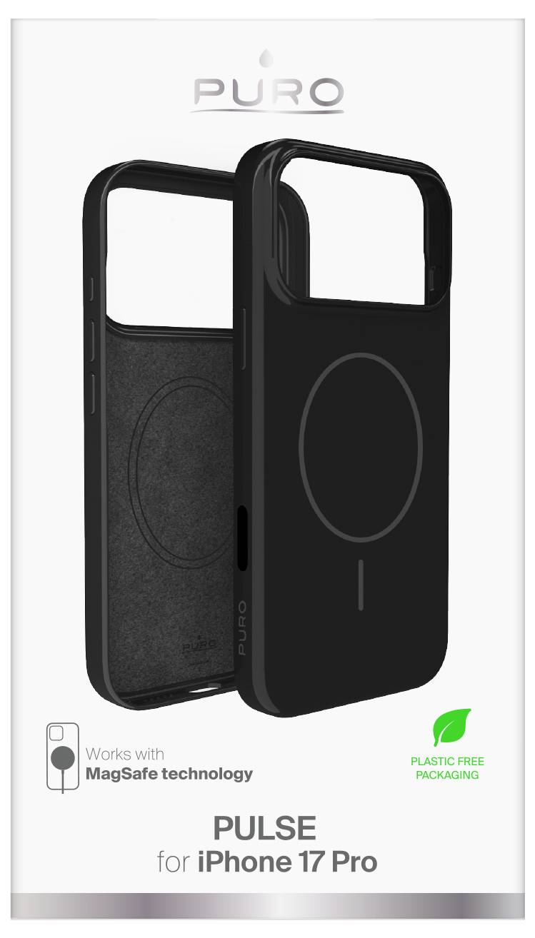 A black phone case designed for iPhone 17 Pro with MagSafe technology. The packaging highlights 'plastic free packaging'.