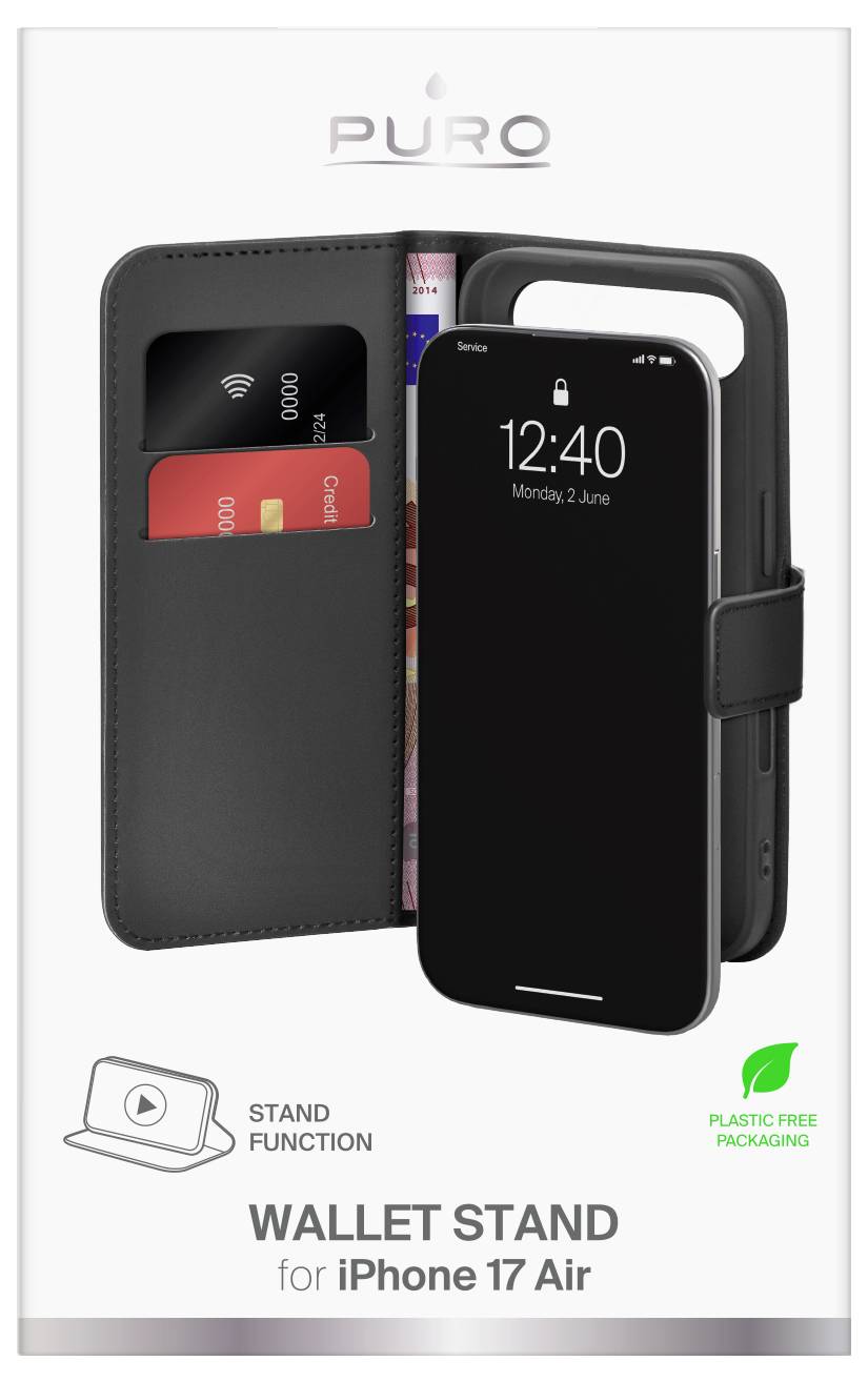 'Puro' wallet stand case for iPhone 17 Air shown open with card slots and phone display. Features 'stand function' and 'plastic free packaging'.