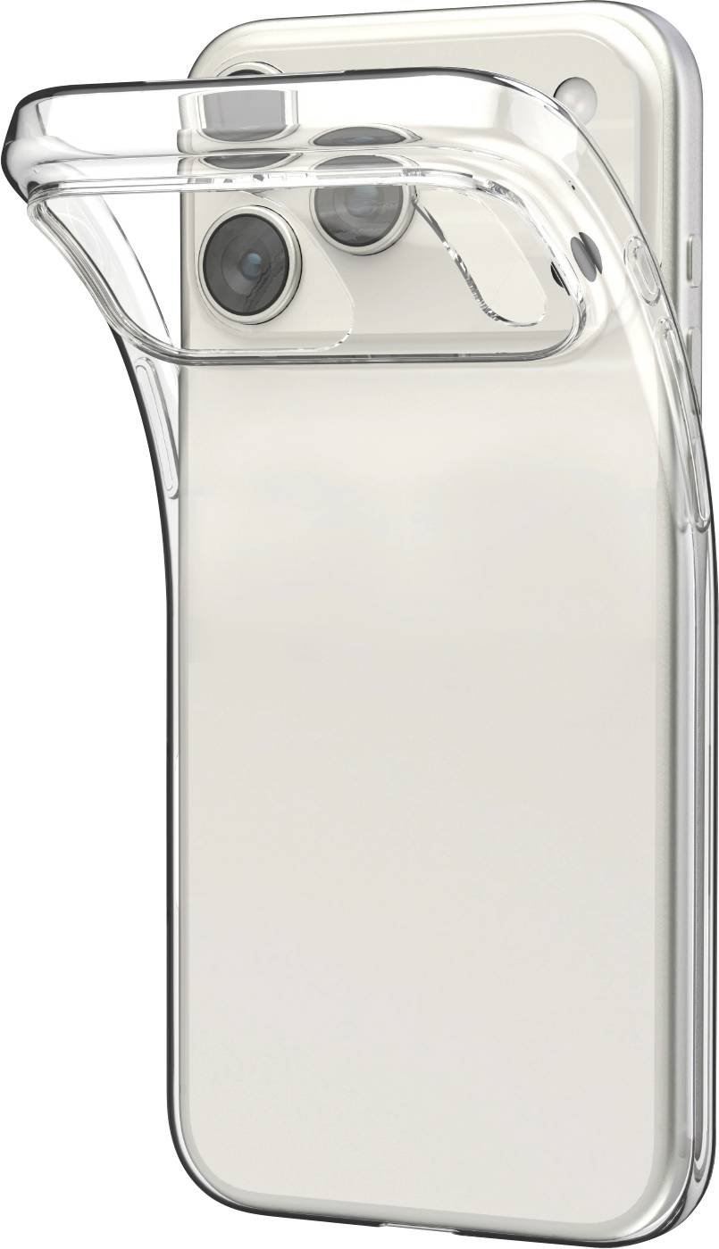 A clear phone case with a protective camera cover is shown on a smartphone, highlighting its fit and camera protection feature.
