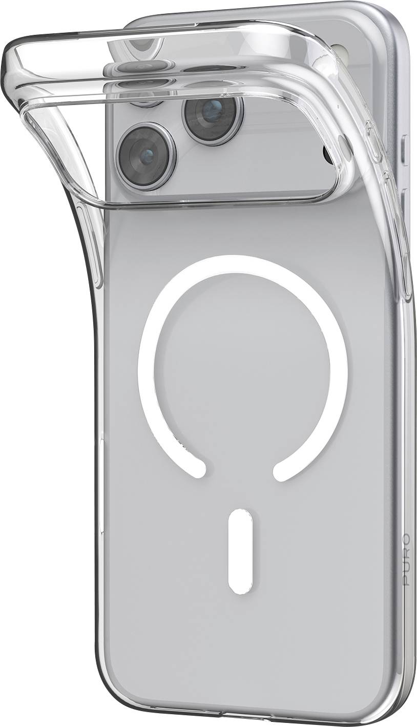 A clear phone case with a built-in attachable mount, shown on the back of a smartphone, highlighting the camera and MagSafe design.