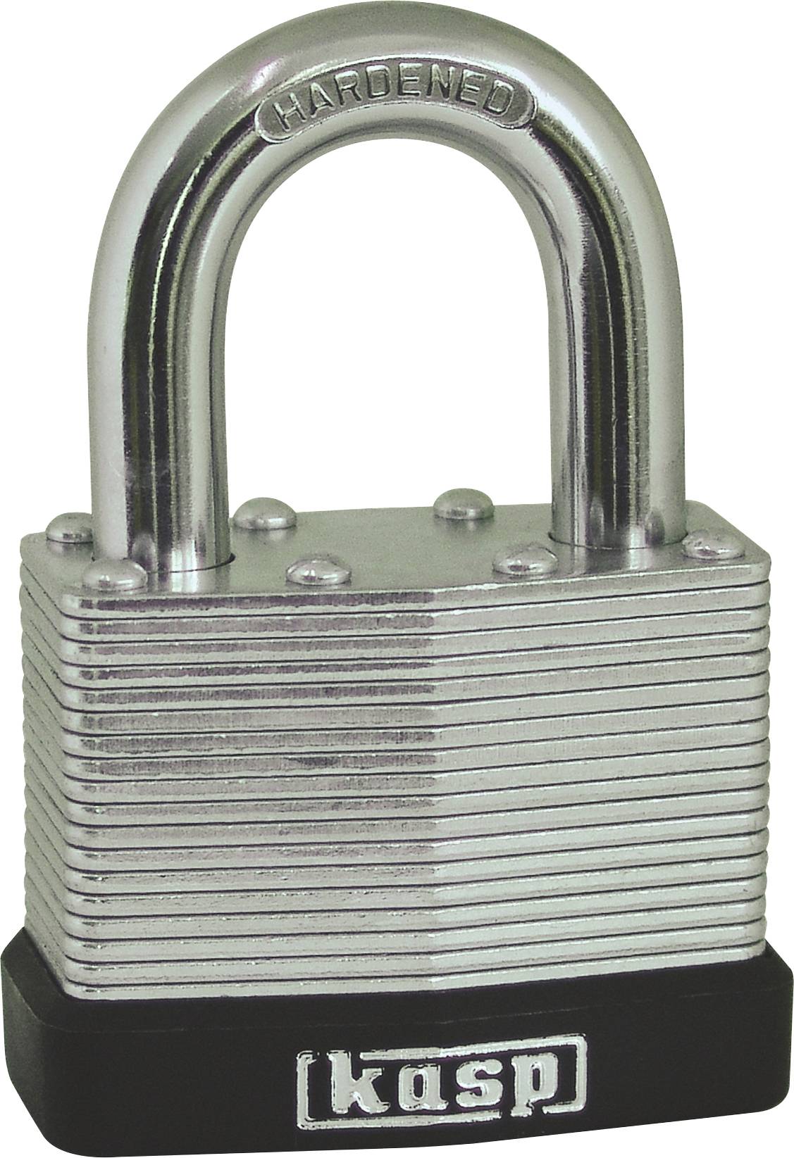 'A silver padlock with the word hardened on the shackle and 'kasp' on the black base. The design features multiple stacked plates.'