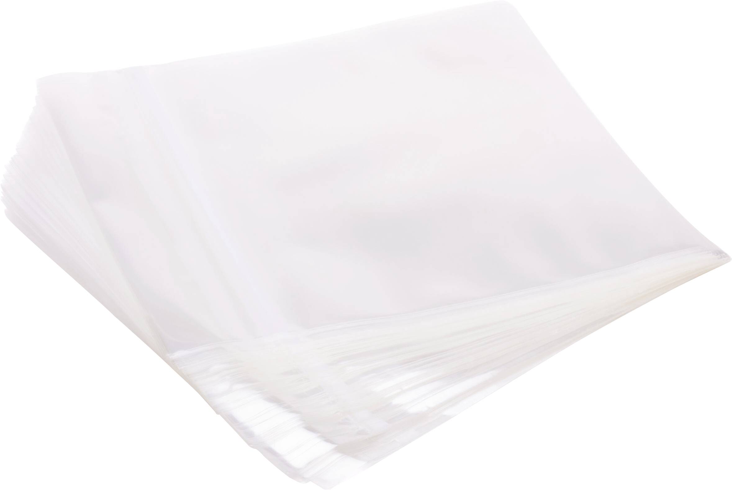 A stack of transparent plastic resealable bags on a white background. The bags are slightly fanned out, showing their thin material.