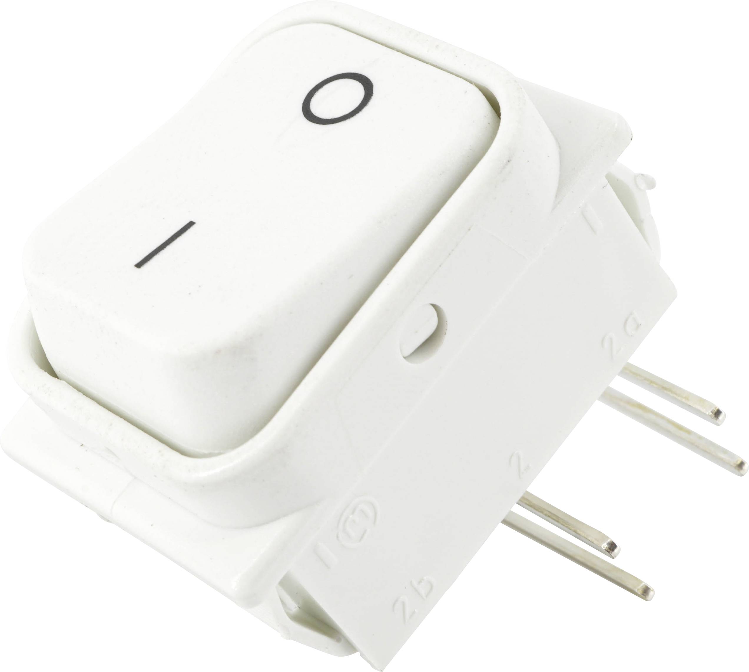 A white rocker switch with 'On' and 'Off' symbols, featuring three metal pins for electrical connections, positioned upright.