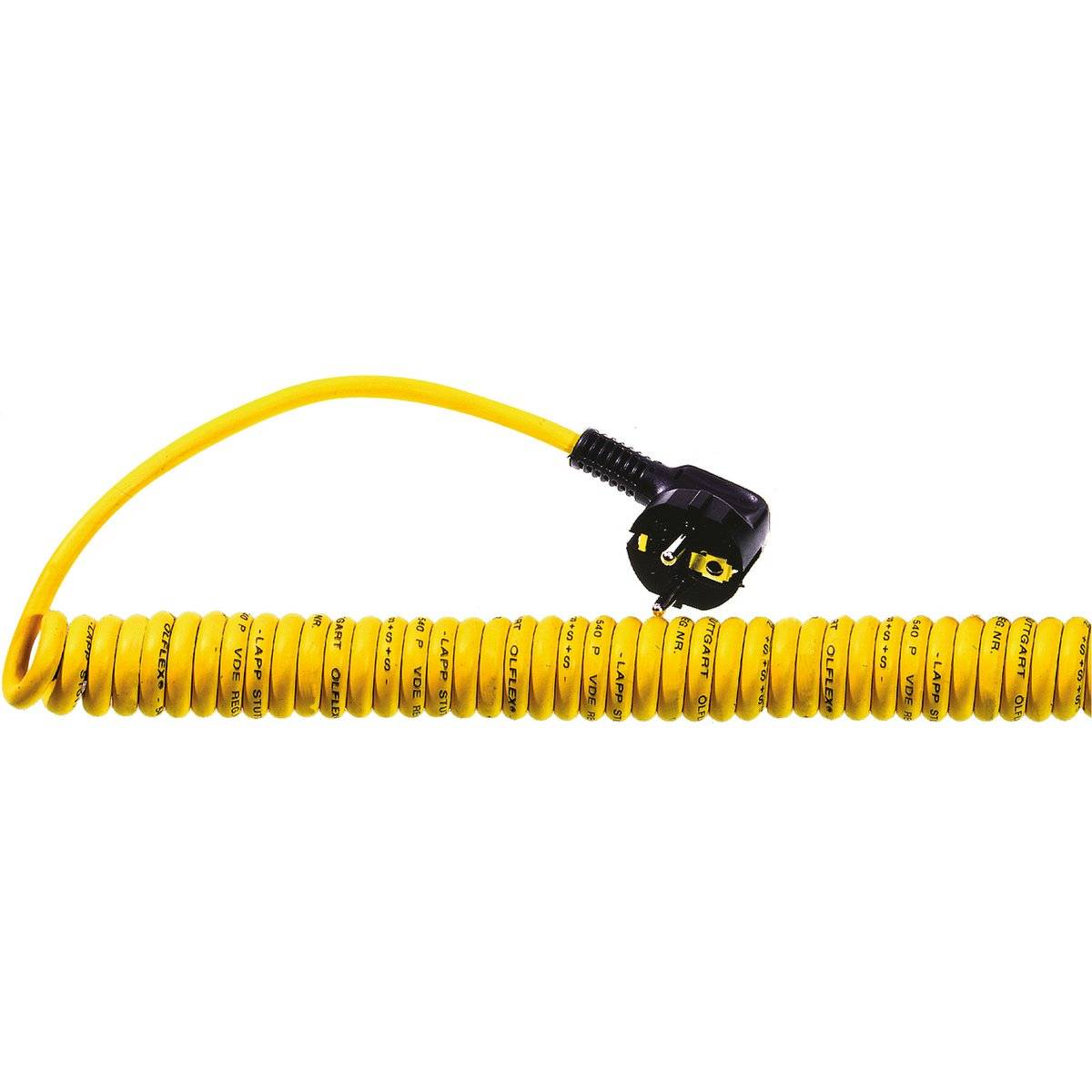 A yellow coiled air hose with a black connector at one end, used for pneumatic tools or compressors.