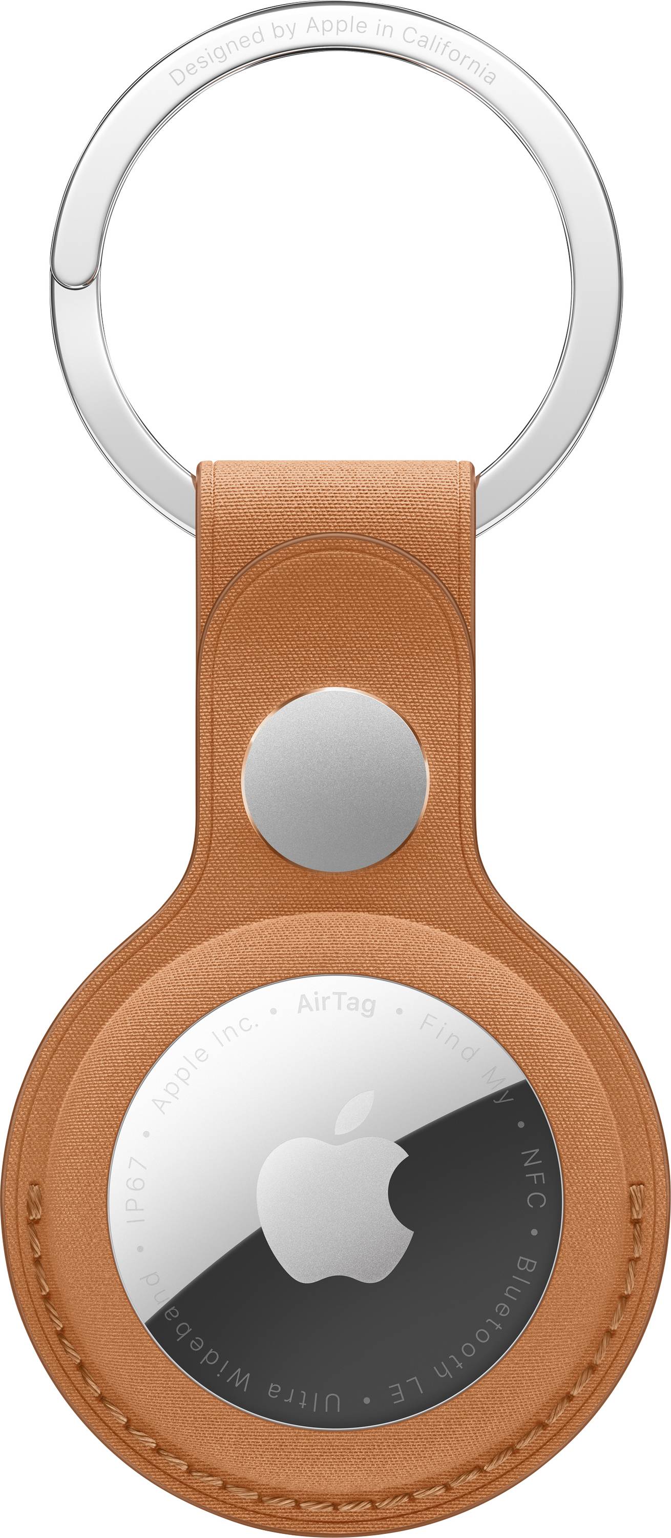 An AirTag in an orange leather key ring holder with a shiny silver Apple logo, designed to help keep track of personal items.