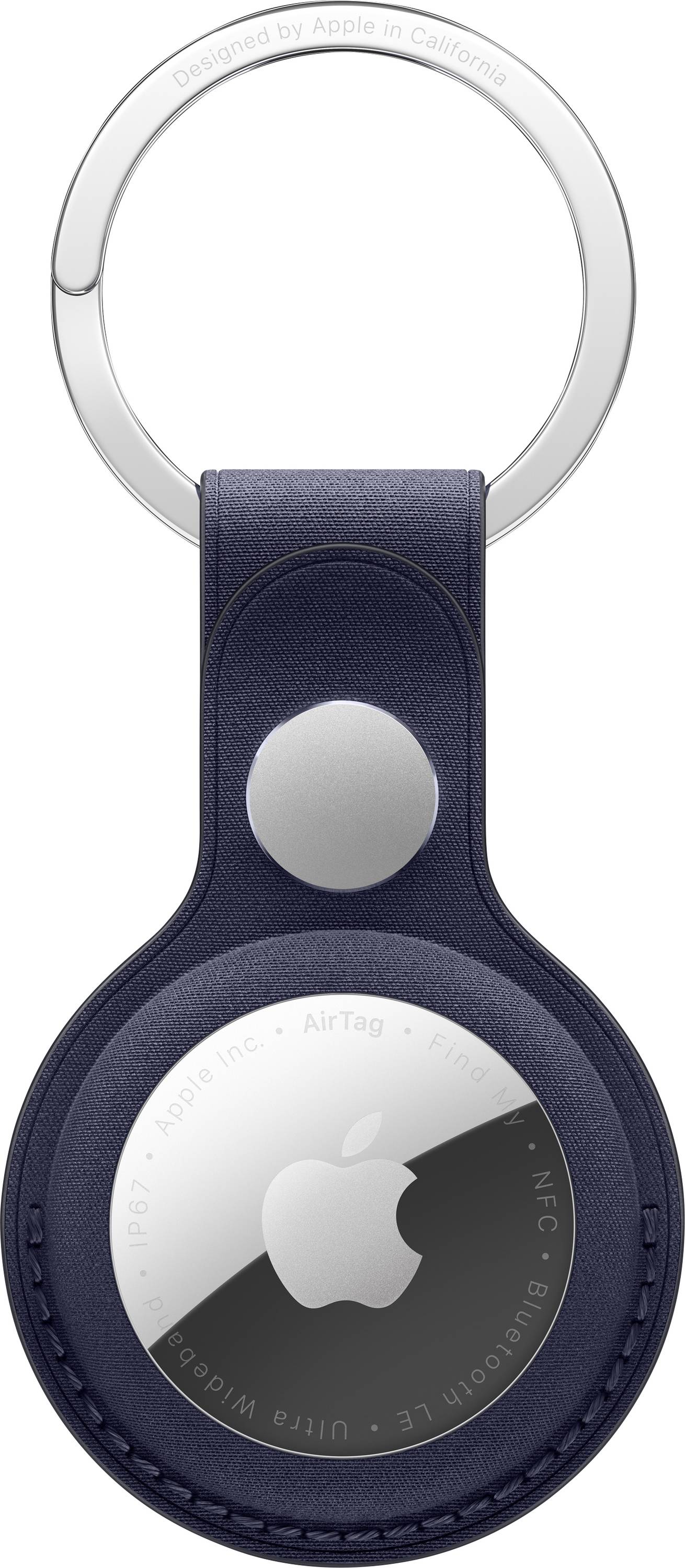 A circular white device with an Apple logo, encased in a navy-blue leather keychain holder.