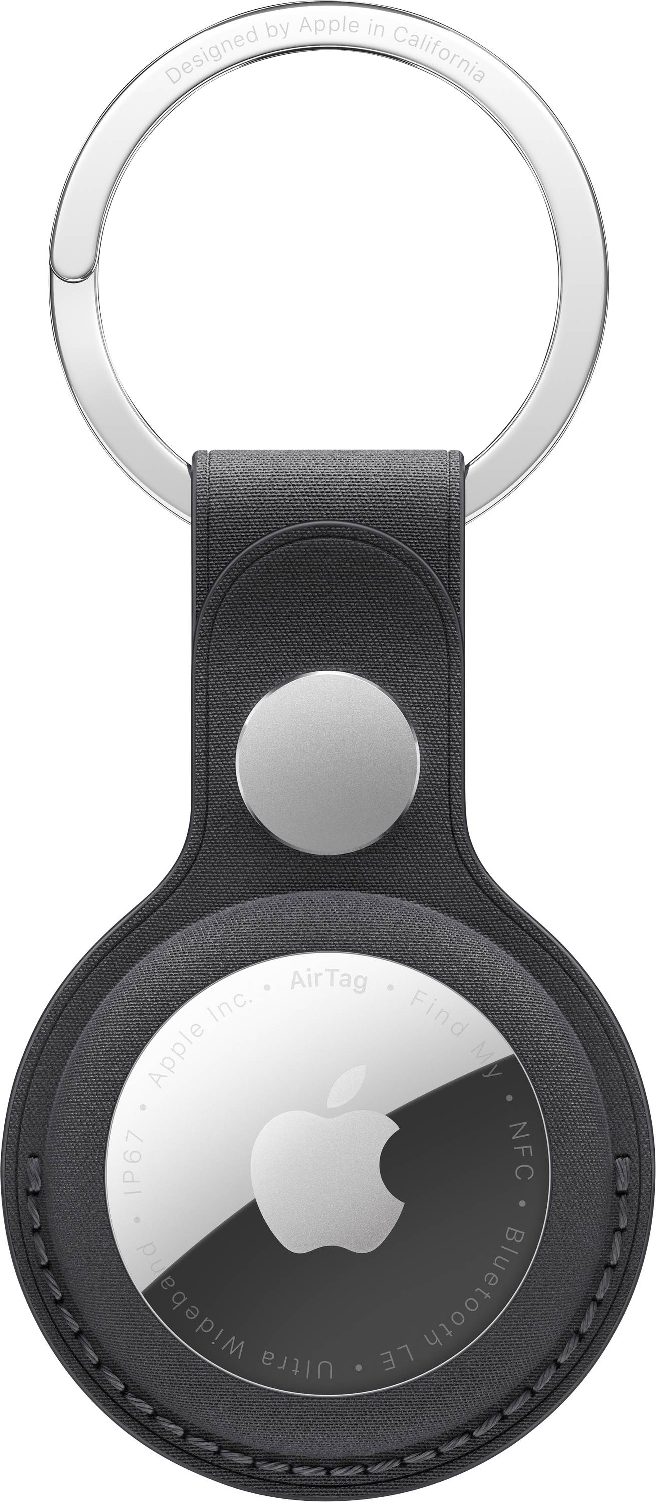 A black leather key ring with an AirTag attached, featuring Apple's logo. The top reads 'Designed by Apple in California'.