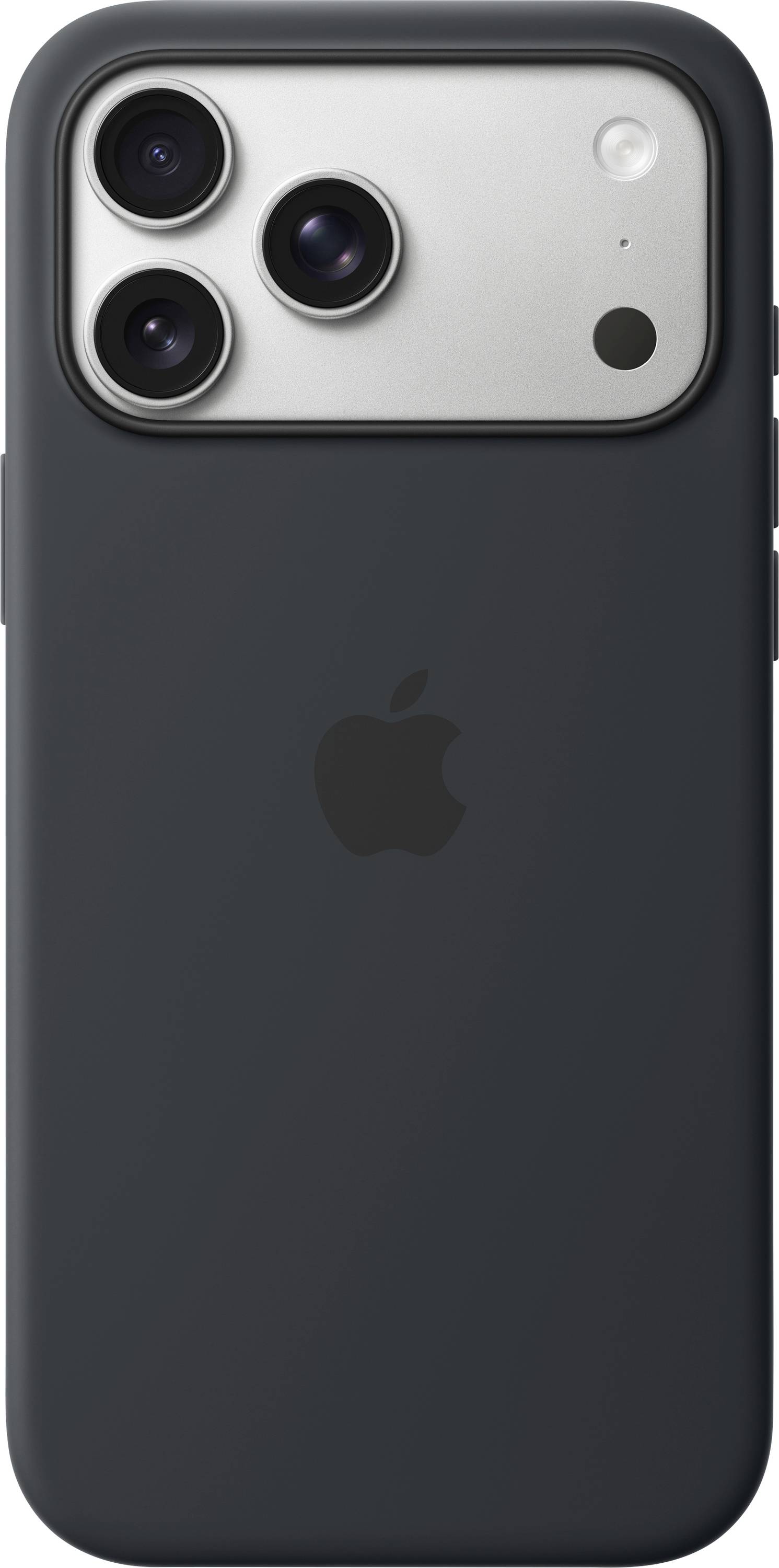 A smartphone with a black case featuring three rear cameras and the Apple logo on the back.