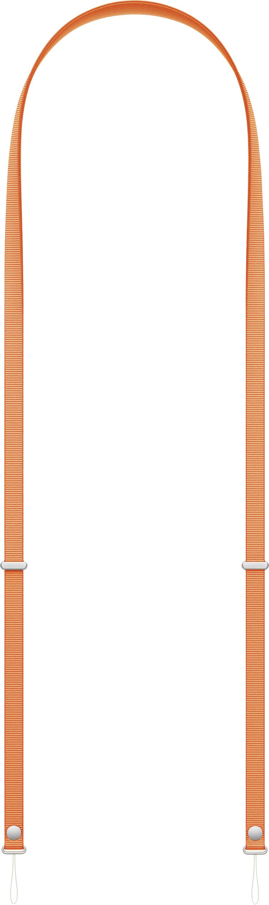 An orange, adjustable shoulder strap with silver hardware and white clips at the ends, designed for use with bags or cases.