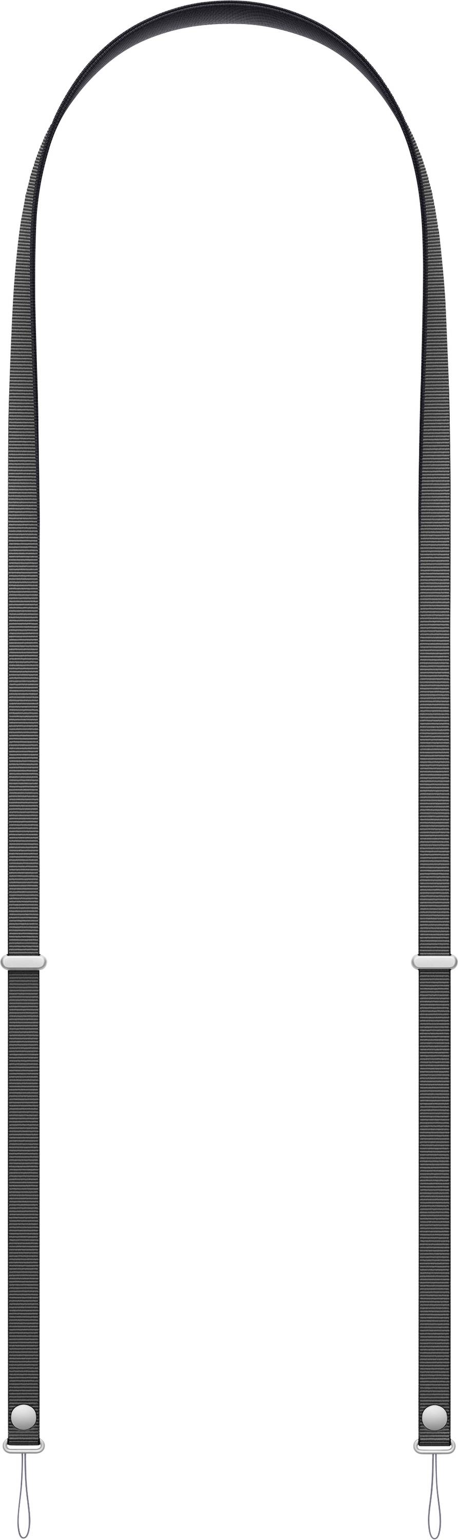 Black leather strap with metal clasps on each end, designed for carrying bags or similar items.