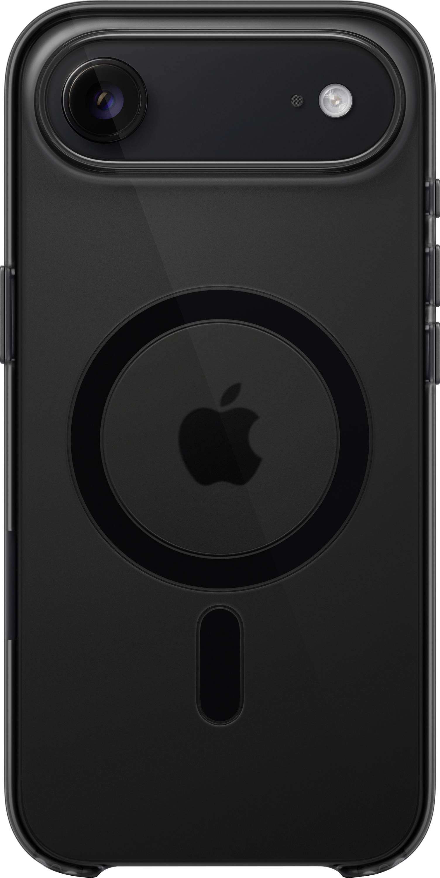 A black iPhone with a circular pattern on the back, featuring an Apple logo in the center.
