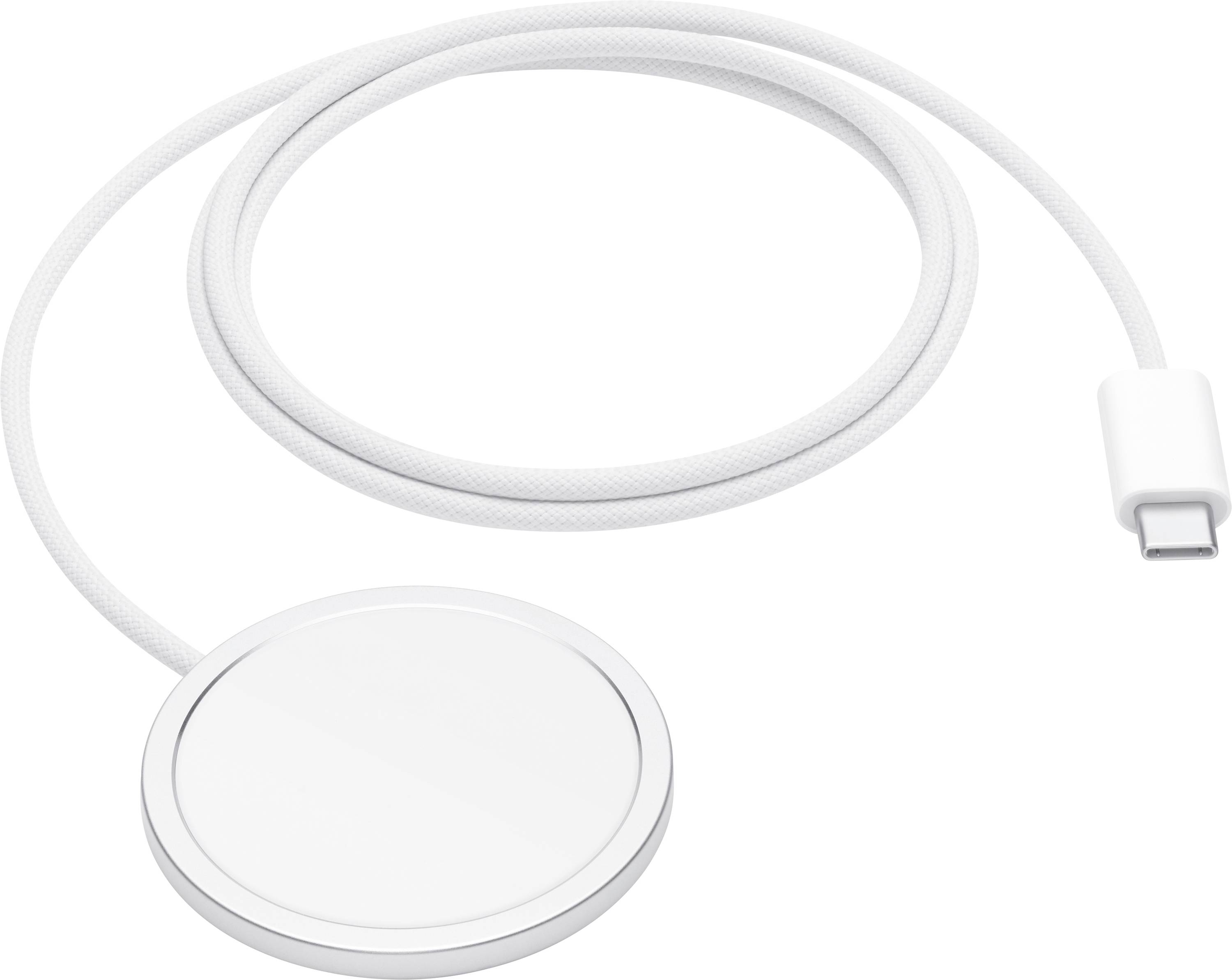 A white magnetic charging cable with a circular pad and USB-C connector, designed for charging compatible devices wirelessly.