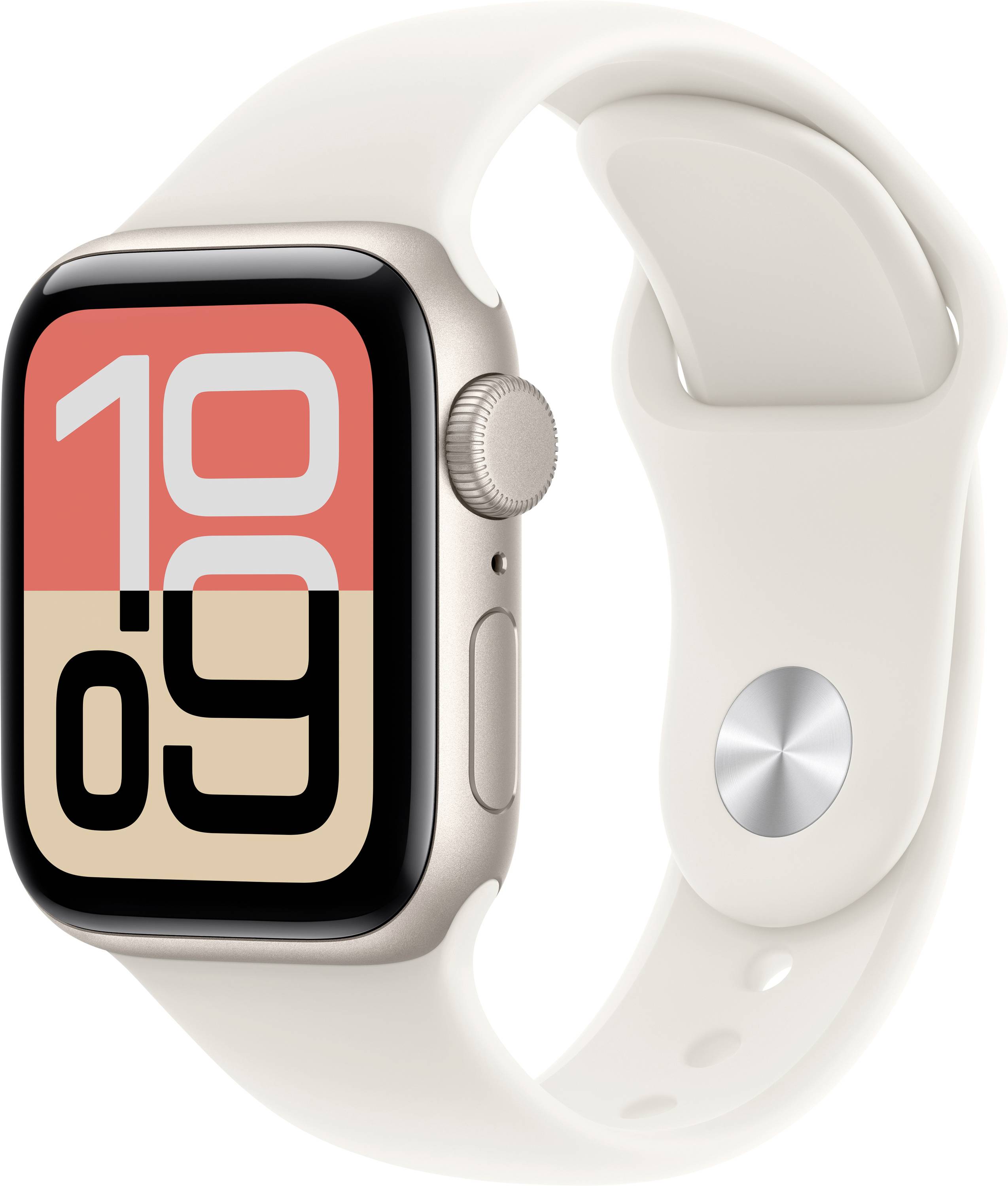 A smartwatch with a white band displays a large, stylized clock face with numbers in red and beige.